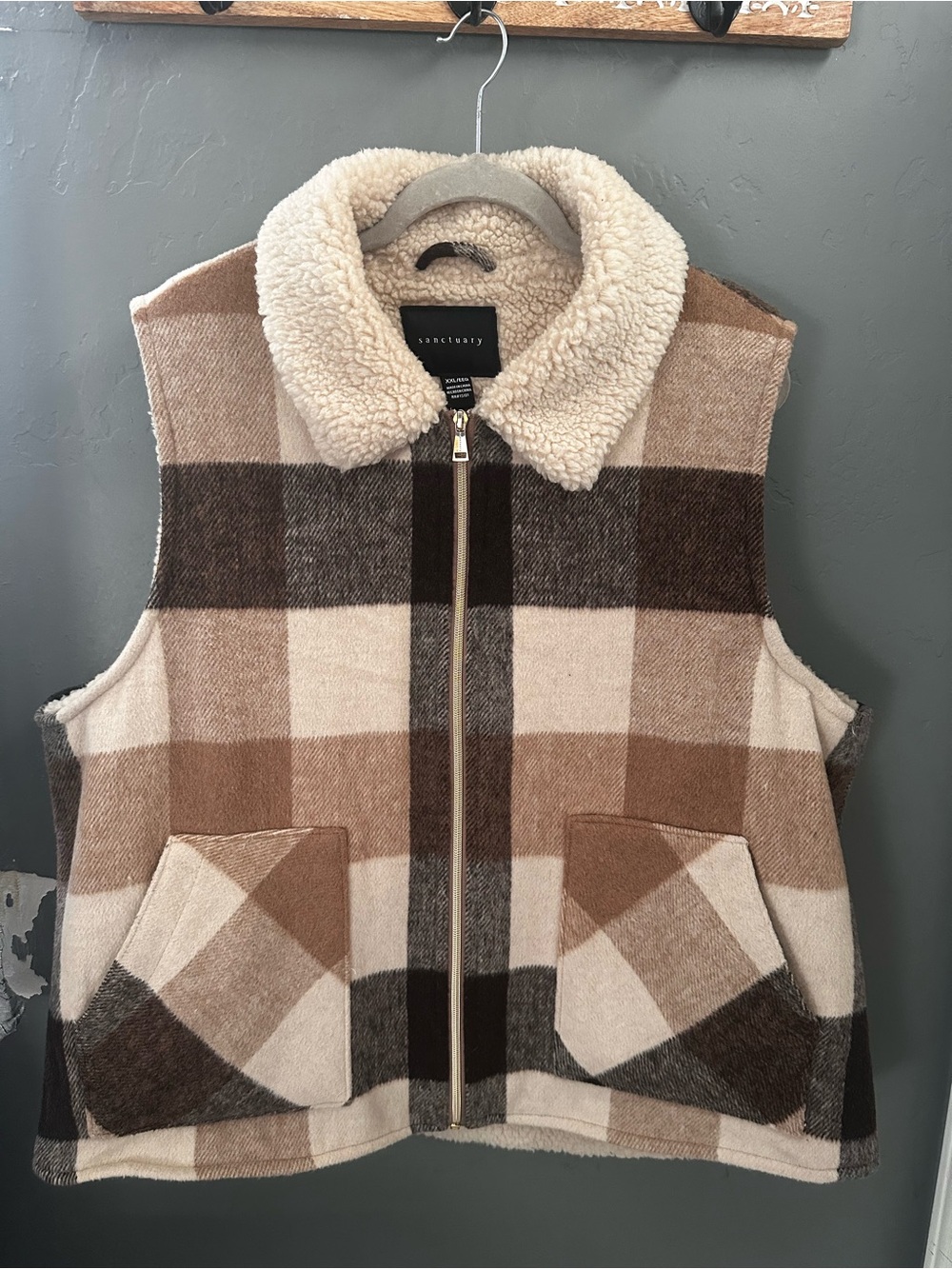 Sanctuary Women’s Plaid Sherpa Fleece Lined Zip Up Collar Vest XXL